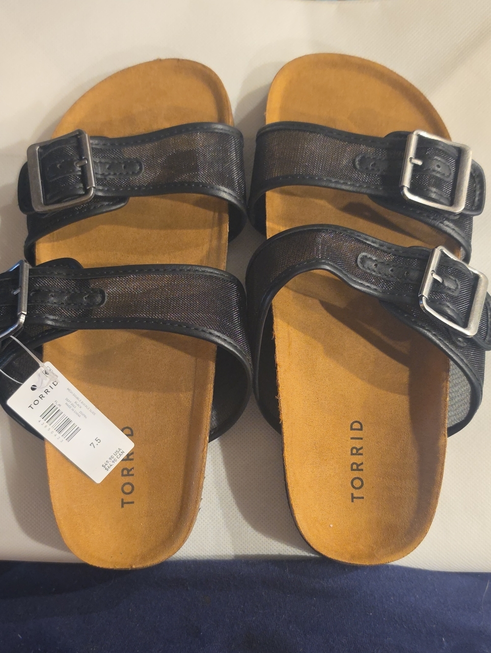 torrid Black Double-Buckle Slide Sandals with Tan Footbed